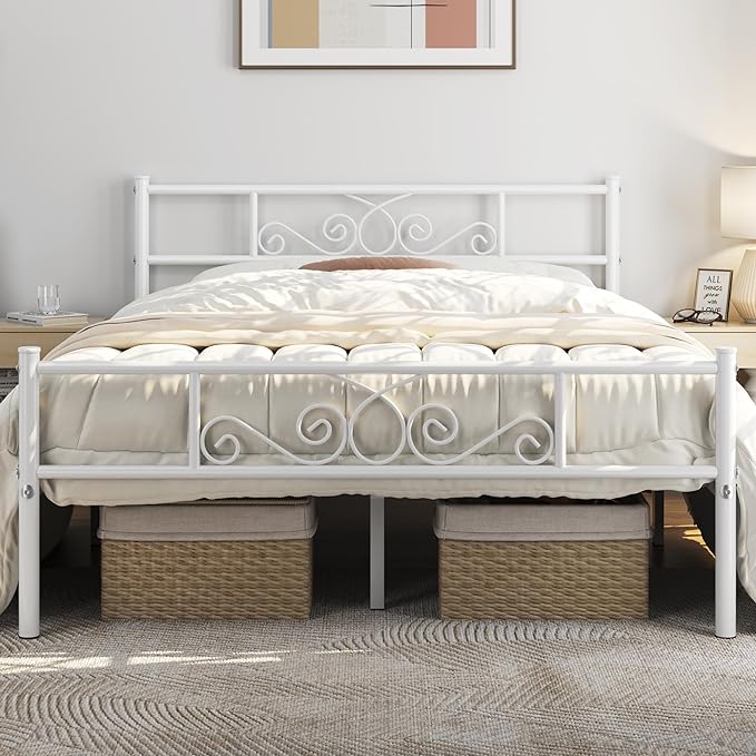Yaheetech Full Bed Frames Metal Platform Bed with Headboard&Footboard for Bedrooms/No Box Spring Needed/Easy Assembly/Underbed Space: 12.6"/White Full Bed
