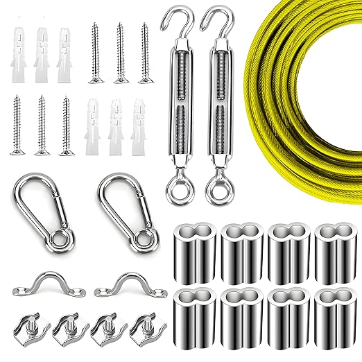Globe String Light Suspension Kit, Outdoor Light Guide Wire, Vinyl Coated Stainless Steel Steel Cable，Include 50ft Transparent PVC and 304 Stainless Steel Wire Cable, Turnbuckle and Hooks