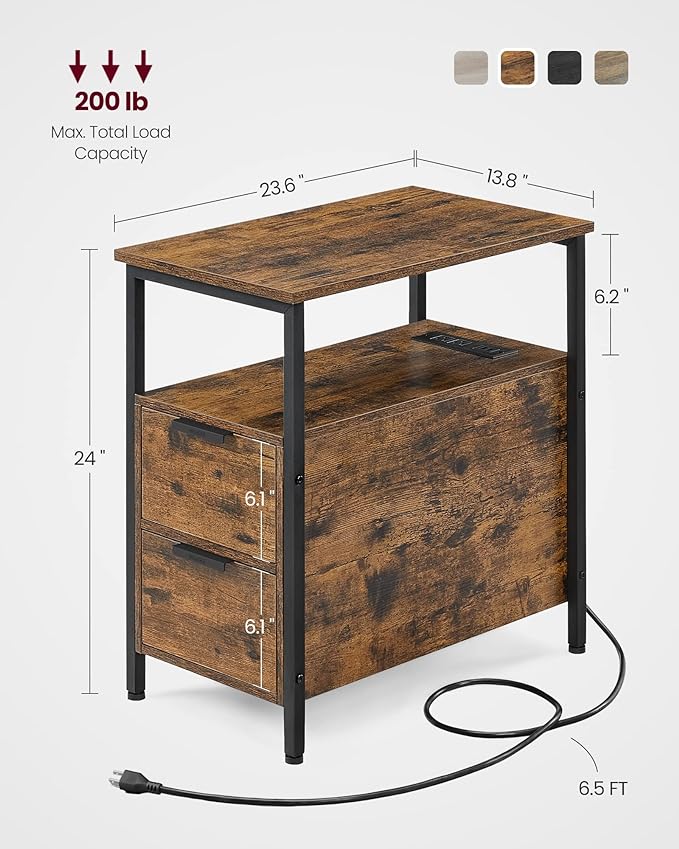 VASAGLE Side End Table with Charging Station, Slim Nightstand with 2 Drawers, Narrow Bedside Table for Living Room, Small Spaces, Rustic Brown and Ink Black ULET321B01