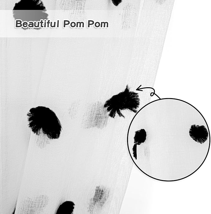 MYSKY HOME 45 Inches Black Pom Pom Sheer Curtains, 2 Panels, 52"W x 45"L, Bedroom, Kitchen, Nursery Room, Rod Pocket, Modern, Unisex, Halloween, Art, Polyester, Sheer, 2 Count