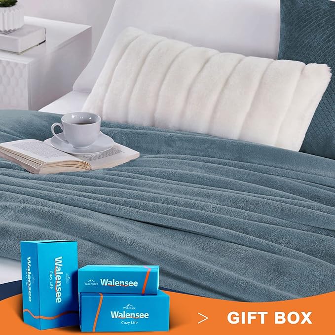 Walensee Fleece Blanket Plush Throw Fuzzy Lightweight (Queen Size 90x90 Washed Blue/Slate Blue/Grey Blue) Super Soft Microfiber Flannel Blankets for Couch, Bed, Sofa Warm and Cozy for All Seasons