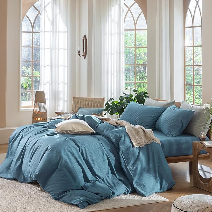 MooMee Bedding Duvet Cover Set 100% Washed Cotton Linen Like Textured Breathable Durable Soft Comfy (Heathered Peacock Blue, Full 80"x90")