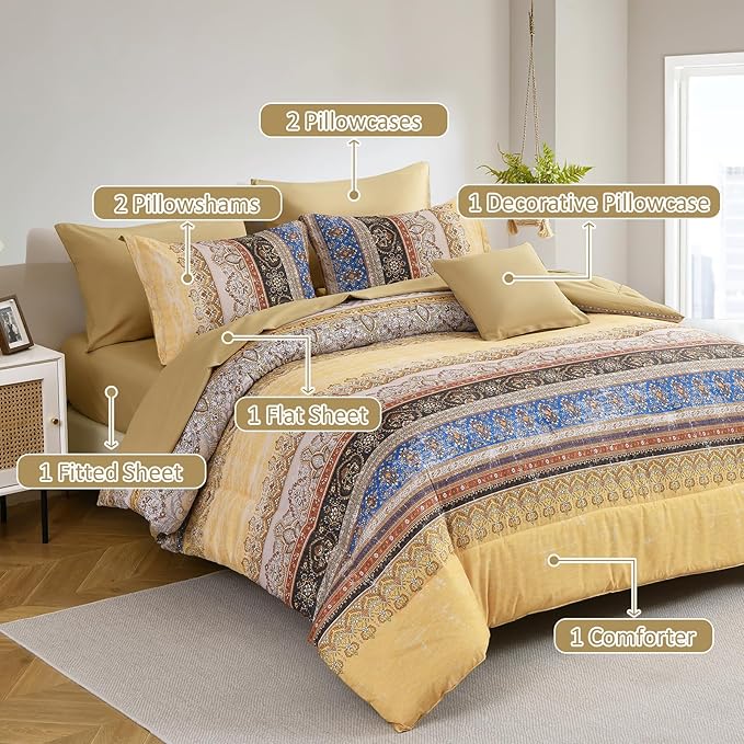 Boho King Size Comforter Set 8 Pieces, Yellow Bohemian Striped Bed in a Bag, Paisley Soft Microfiber Bedding Comforter Set