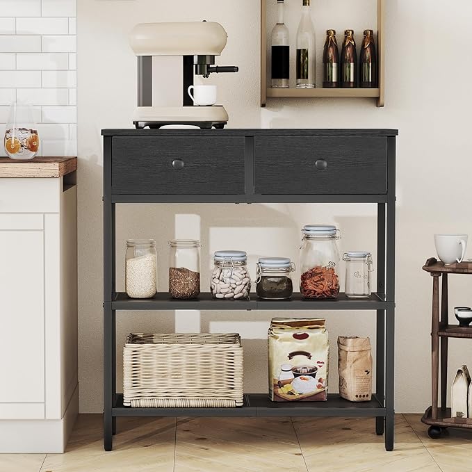 HOOBRO 29.5" Narrow Console Table with 2 Fabric Drawers, Sofa Table, Small Entryway Table with 3-Tier Storage Shelves, Behind Couch Table, for Living Room, Hallway, Black BB72XG01