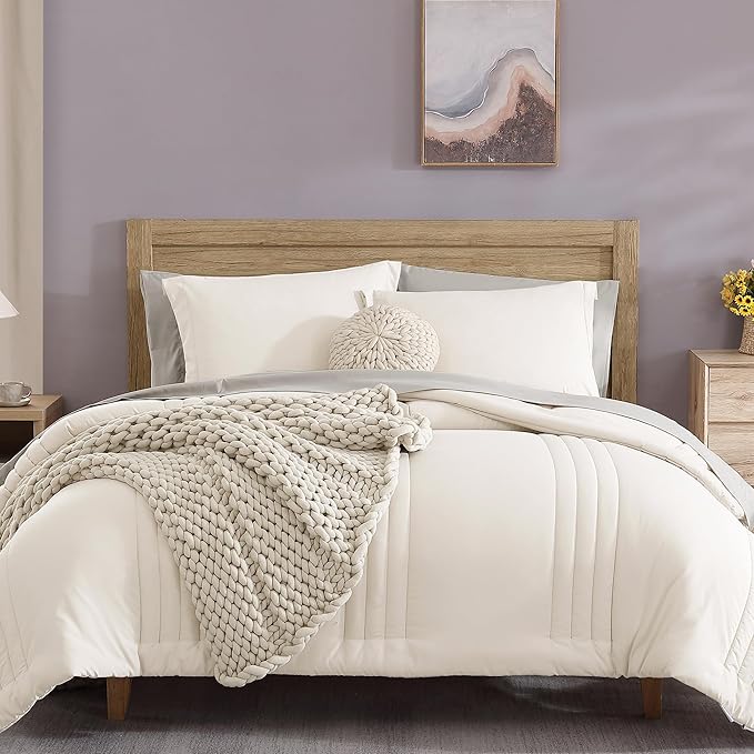 Monbix Queen Comforter Set - 7 Pieces Snow White Bed in a Bag Queen Bedding Sets with Comforters, All Seasons Down Alternative Comforter Bed Set with Sheets,Pillowcases & Shams
