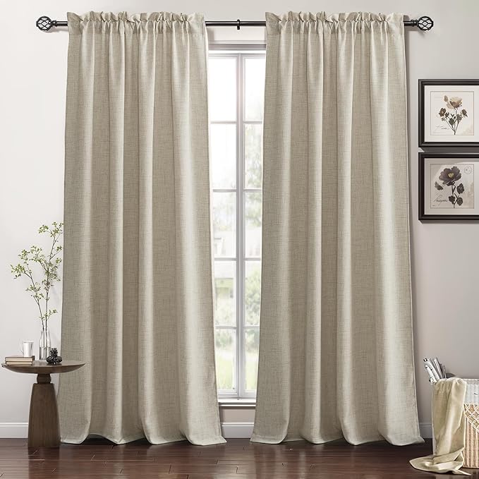 RYB HOME Natural Beige Linen Sheer Curtains 102 inches Long for Living Room and Dining Room, Weave Textured/Rod Pocket, Light Filtering Sheer Curtains and Drapes, W 52 x L 102 inches, 2 Panels Set