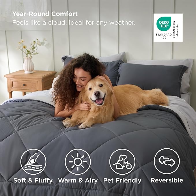 Bedsure California King Comforter Set - 7 Pieces Reversible Dark Grey Bedding, California King Size Bed Set for All Seasons, Bed in a Bag with Down Alternative Comforter, Sheets, Pillowcases & Shams
