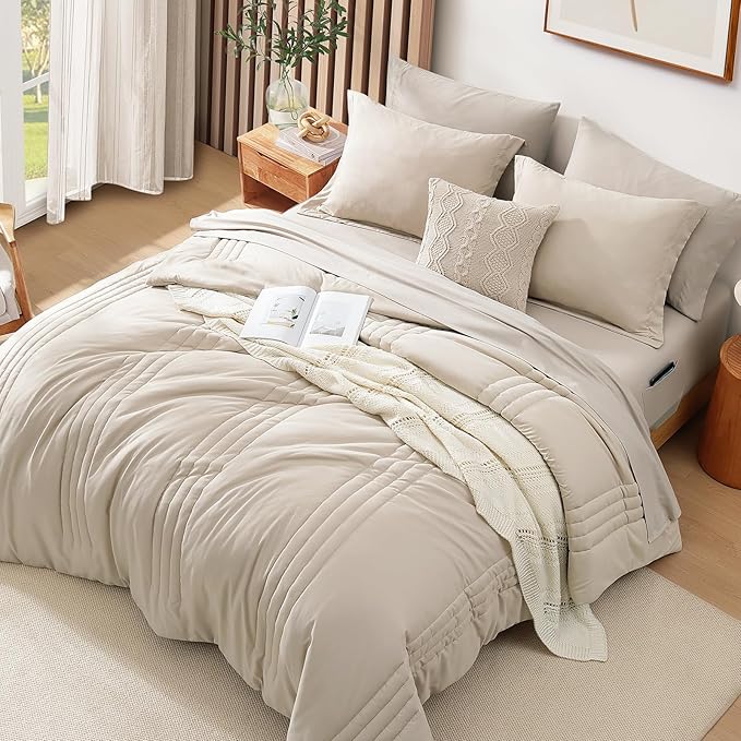 Monbix California King Size Comforter Set - 7 Pieces Bed in a Bag California King, Beige Bedding Sets with Comforter, All Seasons Down Alternative Comforter Bed Set with Sheets, Pillowcases & Shams