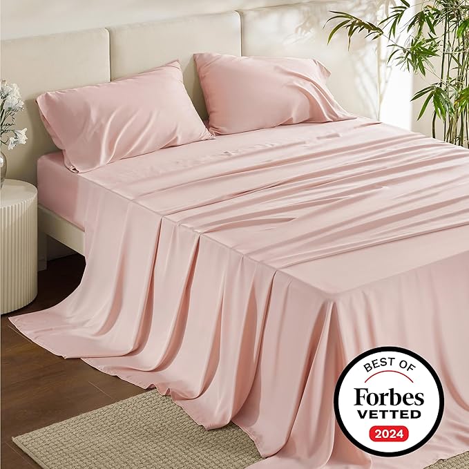 Bedsure California King Sheet Sets, Cooling Sheets for Hot Sleepers, Rayon Derived from Bamboo, Breathable & Soft, Deep Pocket Up to 16 Inches, Hotel Luxury Silky Bedding, Pink