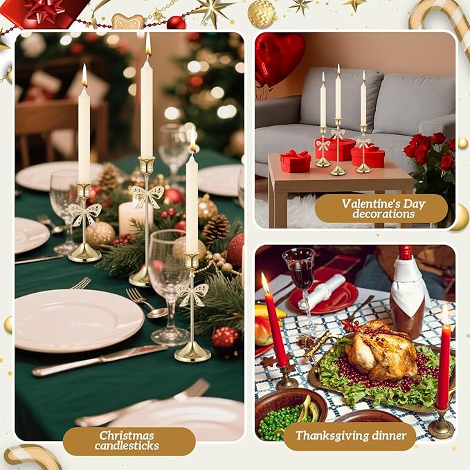 6 Pcs Christmas Candle Holders 3 Size Gold Taper Candlestick Holders Set Vintage Decorative Centerpiece for Table Mantel Wedding Housewarming Thanksgiving Gifts (Bowknot)