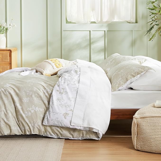 Bedsure Queen Comforter Set - Linen Bed Set, 3 Pieces Cute Floral Bedding, 1 Soft Reversible Botanical Flowers Comforter and 2 Pillow Shams