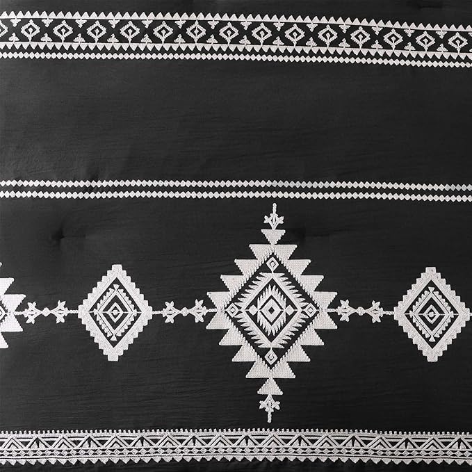 MaiRêve Embroidery King Size Comforter Set Black, Boho Farmhouse Western Bedding Set 7 Pieces, All Season Bed in A Bag Comforter Set with Sheets, Pillowcases & Shams