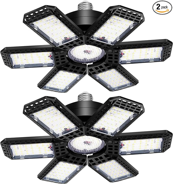 2 Pack Garage Light, 200W 20000LM 6500K LED Shop Lights, Garage Lights Ceiling Led with 6+1 Deformable Panels, Screw in E26/E27 Socket Bulb for Warehouse, Workshop, Basement, Barn Lighting
