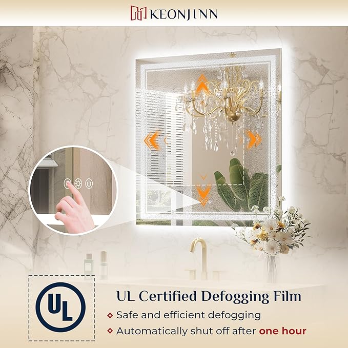 Keonjinn Bathroom LED Mirror 55" x 36" Front and Back Lights, Tempered Glass Stepless 3 Colors Temperature & Dimmable Large Wall Mirror, UL Listed LED Driver, Double Lighted Anti-Fog LED Vanity Mirror