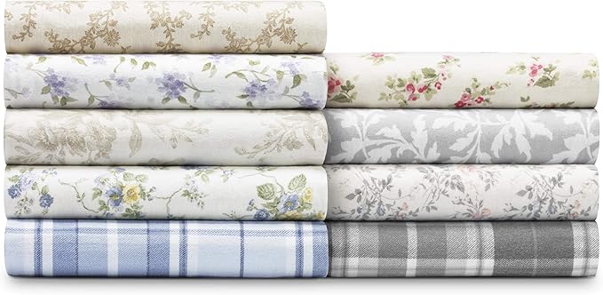 Laura Ashley - Flannel Sheets King Size, Anti-Pilling & Wrinkle Resistant Cotton, Touchably Soft for All-Season Comfort - Bed Sheets with Matching Pillowcases & Fitted Sheet (Le Fleur Cottage Blue)