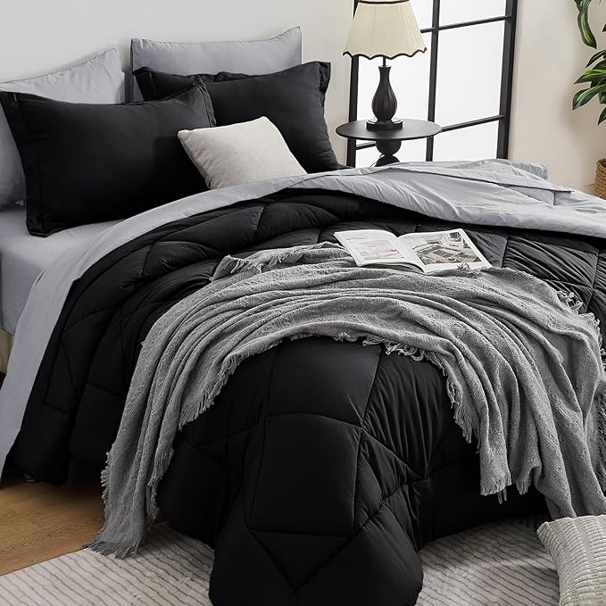 HEVUMYI King Comforter Set - 7-Piece All Season Bed in a Bag King, Ultra Soft Bedding Set with Comforter, Flat Sheet, Fitted Sheet, Pillowcases, Pillow Shams, Black & Light Grey