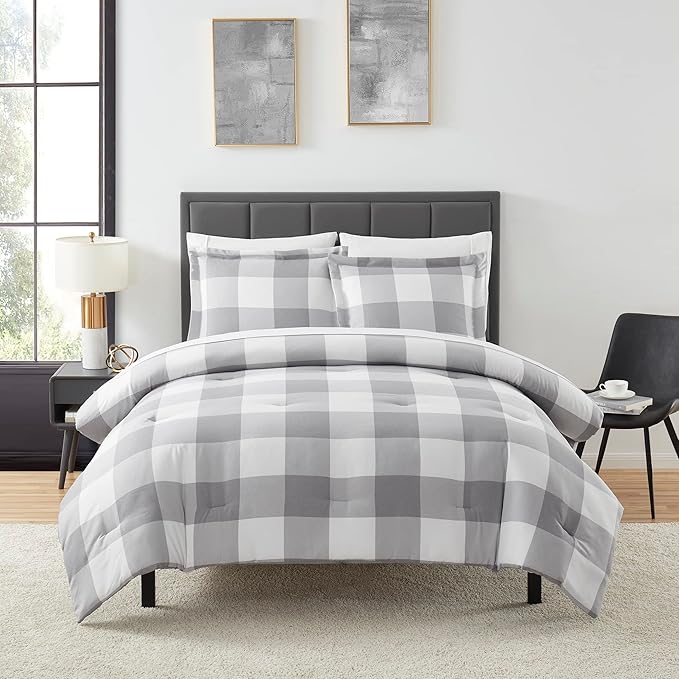 7 Piece Comforter Set Bag Solid Color All Season Soft Down Alternative Blanket & Luxurious Microfiber Bed Sheets, King, Checkered Box
