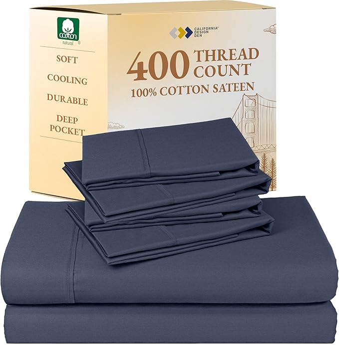 California Design Den 6-Pc King Size Sheet Set with 4 Pillowcases - Soft 400 Thread Count 100% Cotton Sheets, Cooling Sateen Weave, Luxury Deep Pocket Bedsheets Set - Indigo Dusty Blue