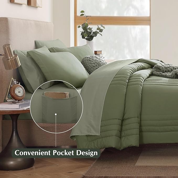 Monbix King Size Comforter Set - 7 Pieces Bed in a Bag King, Light Sage Green Bedding Sets with Comforter, All Seasons Down Alternative Comforter Bed Set with Sheets, Pillowcases & Shams