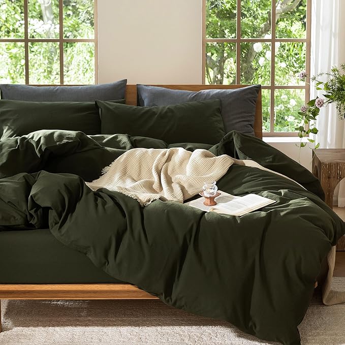 MooMee Bedding Duvet Cover Set 100% Washed Cotton Linen Like Textured Breathable Durable Soft Comfy (Solid Olive Green, Full 80"x90")