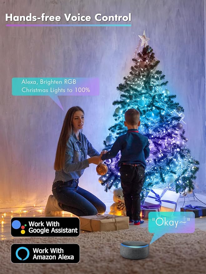 BrizLabs Smart Fairy Lights, 33ft 100 LED Color Changing Fairy Lights Work with Alexa/Google Home, WiFi Rainbow Christmas Light Dimmable RGB Twinkle Starry Light for Christmas Tree Home Party Decor