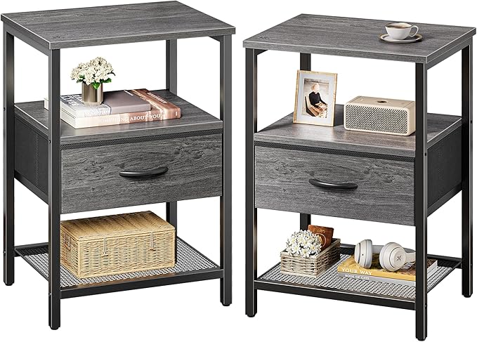 Huuger Nightstand Set of 2, Night Stand with Fabric Drawer, Mesh Shelf, Side Table with Storage, Fabric Drawer Dresser, Open Shelf, Metal Frame, Bedroom, Grey