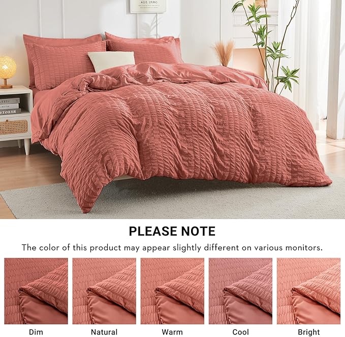 HYMOKEGE Coral Full Size Comforter Sets Seersucker 7 Pieces, All Season Luxury Bed in a Bag for Bedroom, Bedding Set with Comforter, Sheets, Pillowcases & Shams