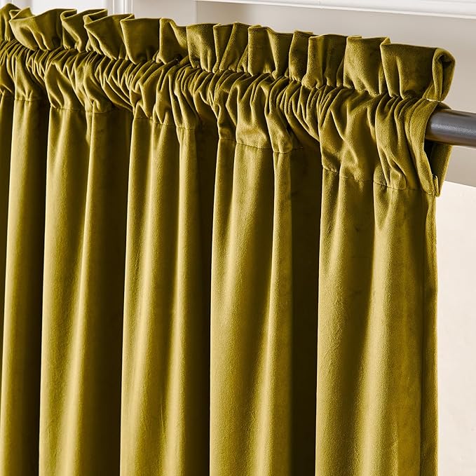 Lazzzy Velvet Blackout Curtains Thermal Insulated Room Window Drapes Super Soft Luxury Curtains for Living Room Bedroom Rod Pocket 2 Panels, Golden Olive, 52" W x 90" L