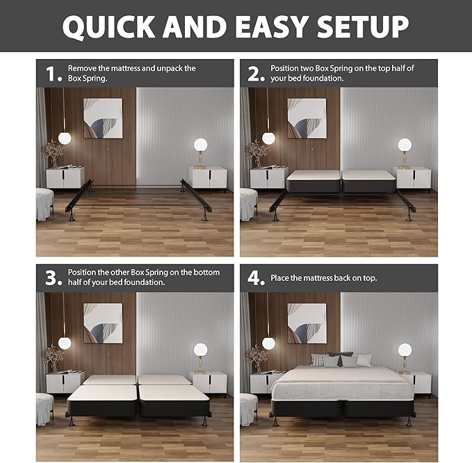 Nutan, 4-Inch Sturdy Wood Box Spring for Mattress Support - Durable and Fully Assembled, Natural Wood Foundation for California King(Fold), Gray