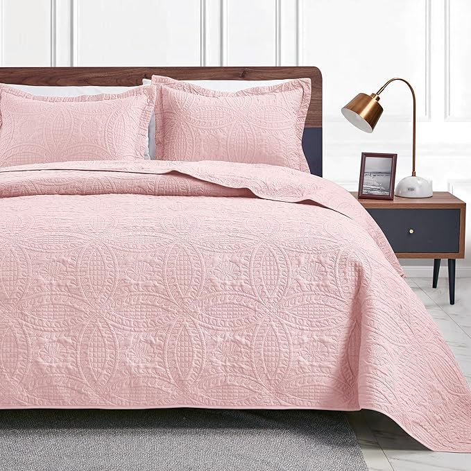 Love's cabin Quilts for Queen Bed Pink Bedspreads - Soft Bed Summer Lightweight Bedspread Comforter - Modern Style Coin Coverlet for All Season - 3 Pieces (1 Quilt, 2 Pillow Shams)