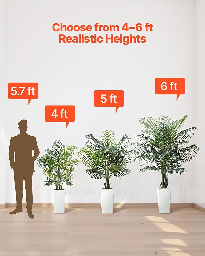 VEVOR Artificial Areca Palm Tree 6 ft, Fake Palm Tropical Plants with White Tall Planter, Faux Floor Silk Plant in Pot, Large Trees for Home Office Living Room Decor House Warming, Indoor Outdoor