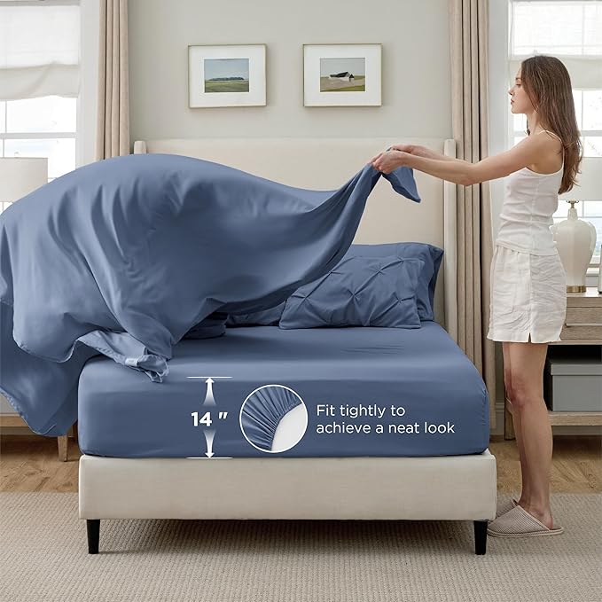 Bedsure Full Comforter Set Slate Blue - Bed in a Bag Full Size Bedding Set 7 Pieces, GentleSoft™ Pintuck Bed Set Gift for Family, Pinch Pleat All Season Comforter with Sheets, Pillowcases & Shams
