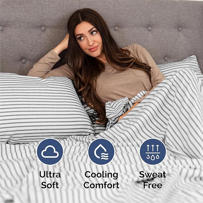 Cal King Sheets Set 6 Piece - Includes 4 Pillowcases - Bed Sheets Cal King Size - Soft Hotel Luxury Bedding - Cooling & Breathable - 1 Flat & 1 Fitted & 4 Pillowcases w/ Deep Pockets - Grey Stripes