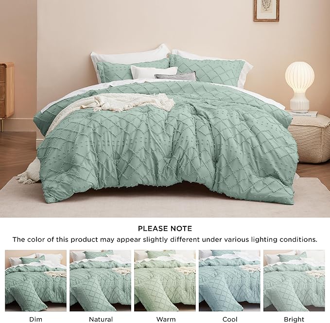 Bedsure Queen Comforter Set - Sage Green Comforter, Boho Tufted Shabby Chic Bedding for Kids, 3 Pieces Vintage Farmhouse Bed Set for All Seasons, Fluffy Soft Bedding with 2 Pillow Shams
