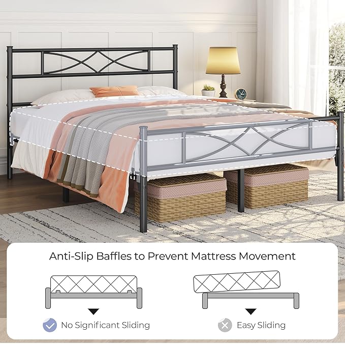 Yaheetech Metal Queen Platform Bed Frames Mattress Foundation with Storage/Curved Design Headboard/NO Box Spring Needed/Heavy-Duty Support/Easy Assembly, Queen, Black