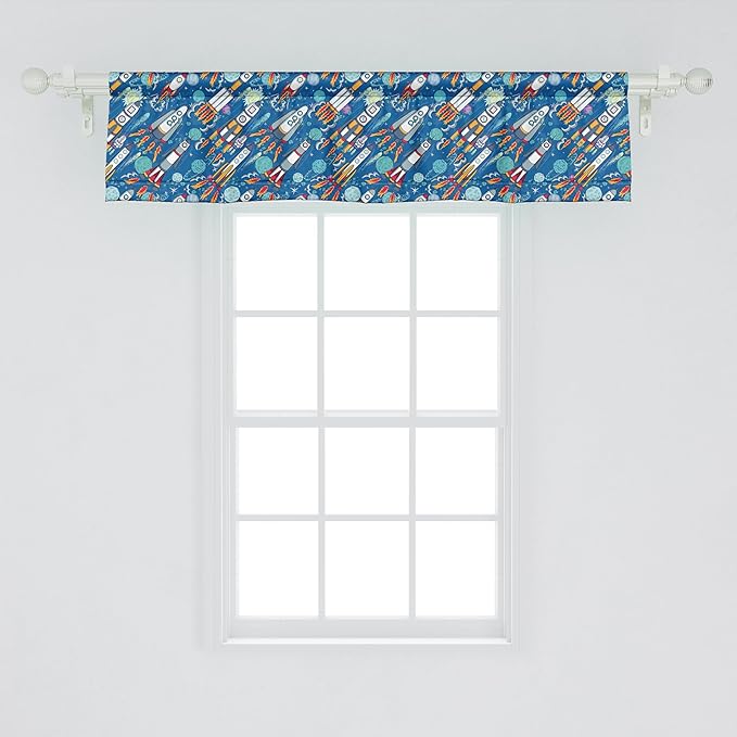 Ambesonne Spaceship Window Valance Pack of 2, Hand-Drawn Cartoon Spaceships Planets and Stars Outer Space Exploration Theme, Rod Pocket Curtain Valances for Kitchen Bedroom, 54" X 12", Violet Blue