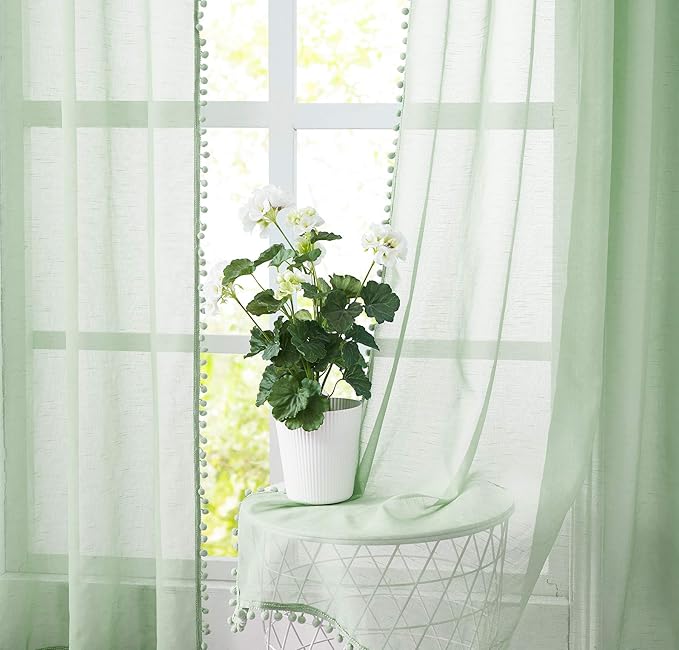 Treatmentex Pom-Pom Green Sheer Curtains for Bedroom 95inches Long Tassle Linen Textured Window Curtain Panels for Living Room Kids Room Kitchen 52" w, 1 Pair, Rod Pocket,Sage Green