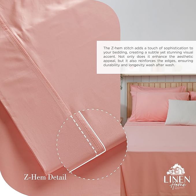 Linen Home 100% Cotton Percale Sheets Queen Size, English Rose, Deep Pocket, 4 Pieces Set - 1 Flat, 1 Deep Pocket Fitted Sheet and 2 Pillowcases, Crisp Cool and Strong Bed Linen