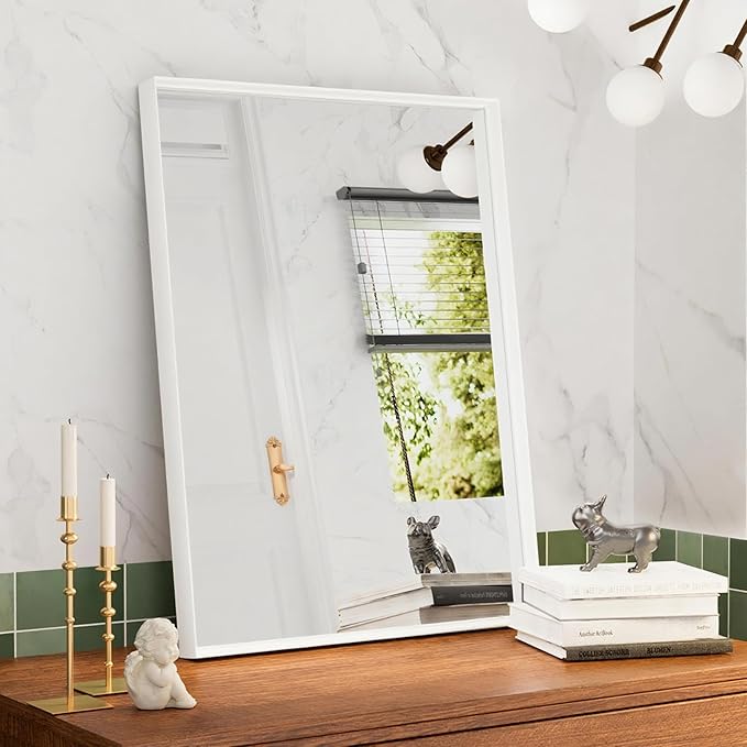 22x30 Inch White Bathroom Mirrors for Over Sink, Rectangle Mirror, Metal Framed, Wall Mounted, Modern Vanity Mirror, HD Tempered Glass (Horizontal/Vertical)