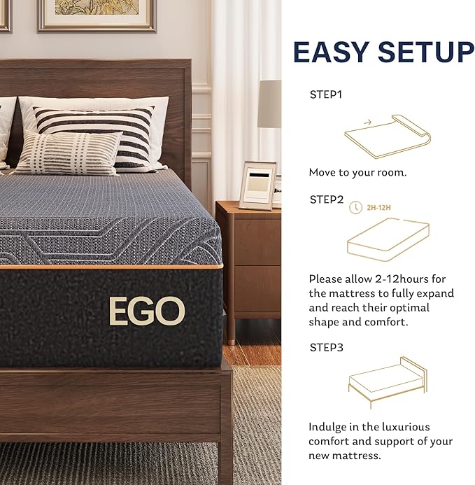 EGOHOME 14 Inch Full Mattress, Copper Gel Memory Foam Mattress for Pain Relief, Therapeutic Mattress in a Box, CertiPUR-US Certified, Fiberglass Free Medium Mattress, Black