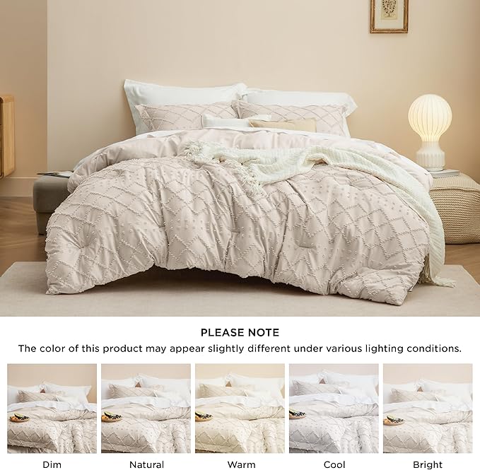 Bedsure Queen Comforter Set - Beige Comforter, Boho Tufted Shabby Chic Bedding for Kids, 3 Pieces Vintage Farmhouse Bed Set for All Seasons, Fluffy Soft Bedding with 2 Pillow Shams