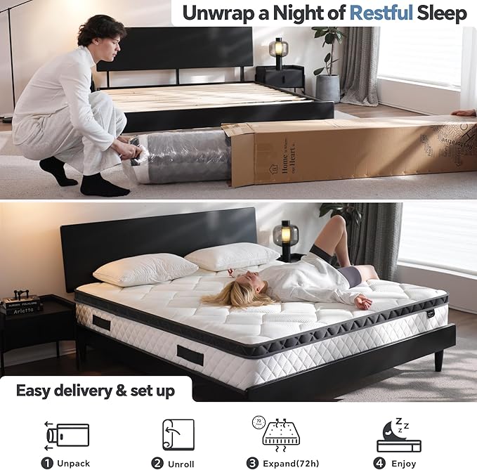 Full Size Mattress in a Box, 10 Inch Hybrid Mattress with Individual Pocket Spring & Memory Foam, Soft, Motion Isolation, Medium Firm Comfort for Pressure Relief, CertiPUR-US Certified