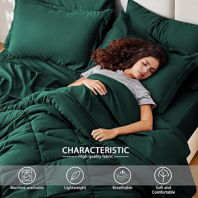 Love's cabin Twin Comforter Set Dark Green, 5 Pieces Twin Bed in a Bag, All Season Bedding Sets with 1 Comforter, 1 Flat Sheet, 1 Fitted Sheet, 1 Pillowcase and 1 Pillow Sham