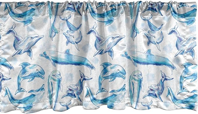 Ambesonne Sea Animals Window Valance Pack of 2, Sketch of Bottlenose Dolphins Playing Laughing in The Ocean Sea Life Print, Rod Pocket Curtain Valances for Kitchen Bedroom, 42" X 12", Turquoise White