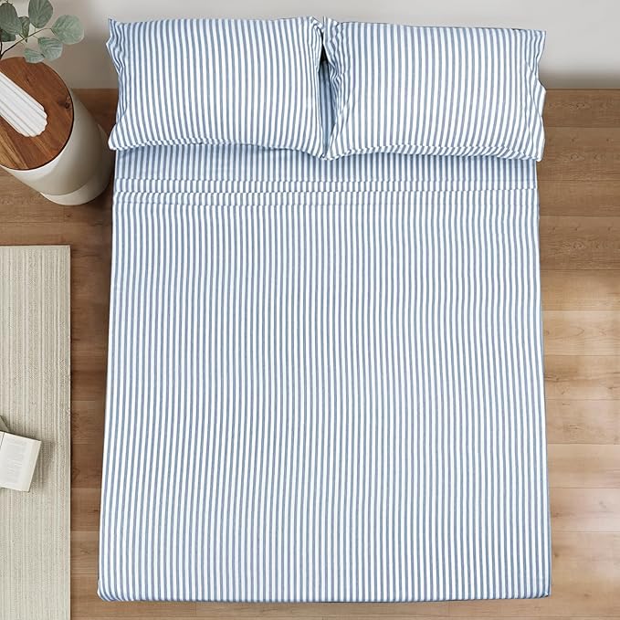 Mejoroom Striped Full Size Sheets - 1800TC Luxury Full Sheets with 16 Inch Deep Pocket - Premium Bedding Collection - Extra Soft, Breathable, Wrinkle, Fade & Stain Resistant - 4 Piece (Blue Stripe)