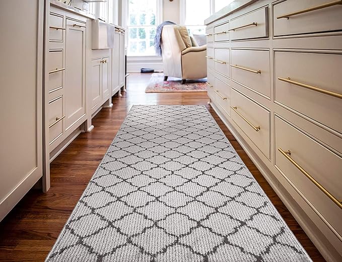 Custom Size Modern Runner Rug Carpet for Hallway Entryway Foyer Kitchen, Slip Resistant Latex Rubber Backed 31 inch Wide X Customized Length, Trellis Grey, 31 inch X 18 feet