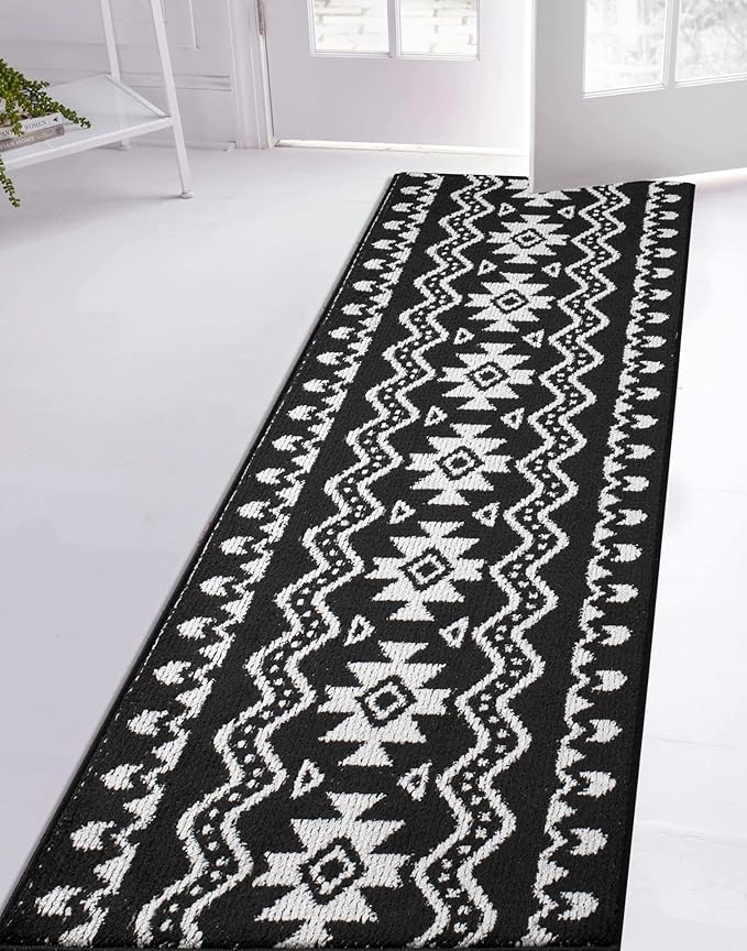 Custom Length Cut to Size Tribal Ethnic Southwestern Inspired Hallway Runner Rug, Non Slip Rubber Backed, 31 inch Wide X Customized Length, Aztec Black, 31 inch X 10 feet