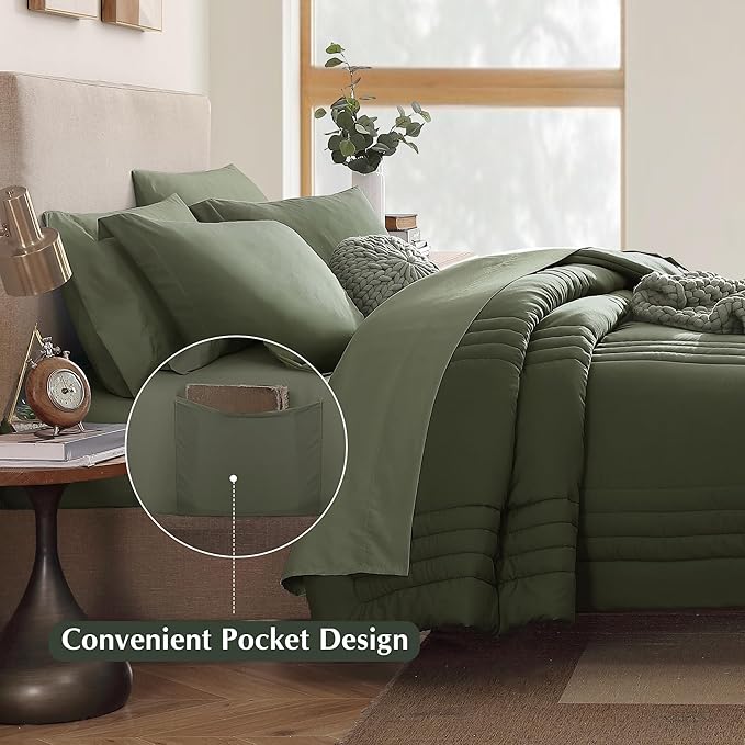 Monbix California King Size Comforter Set - 7 Pieces Bed in a Bag California King, Olive Green Bedding Sets, All Seasons Down Alternative Comforter Bed Set with Sheets, Pillowcases & Shams