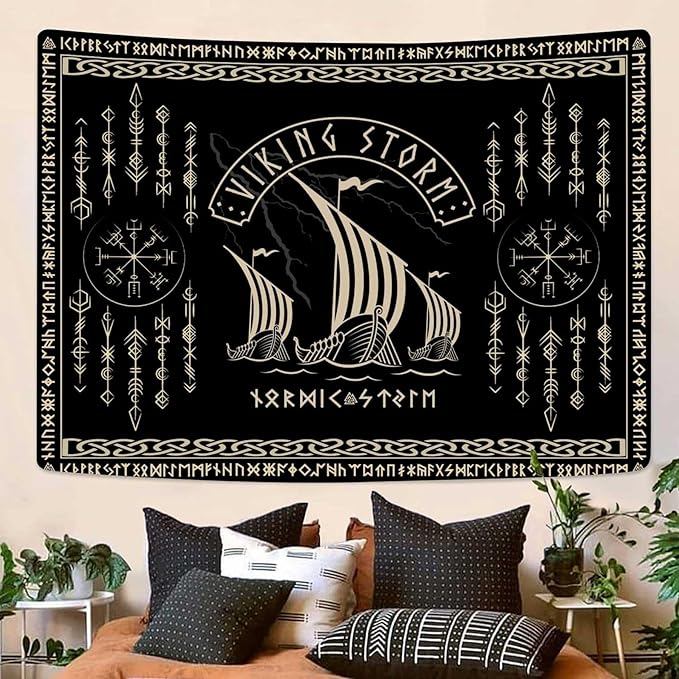 OSUNBD Viking Warship Tapestry Wall Hanging - Large 118x78 inches Storm & Celtic Runes on Soft Flannel Aesthetic Mythology Tapestries Norse Mythology Art for Bedroom, Living Room Decor