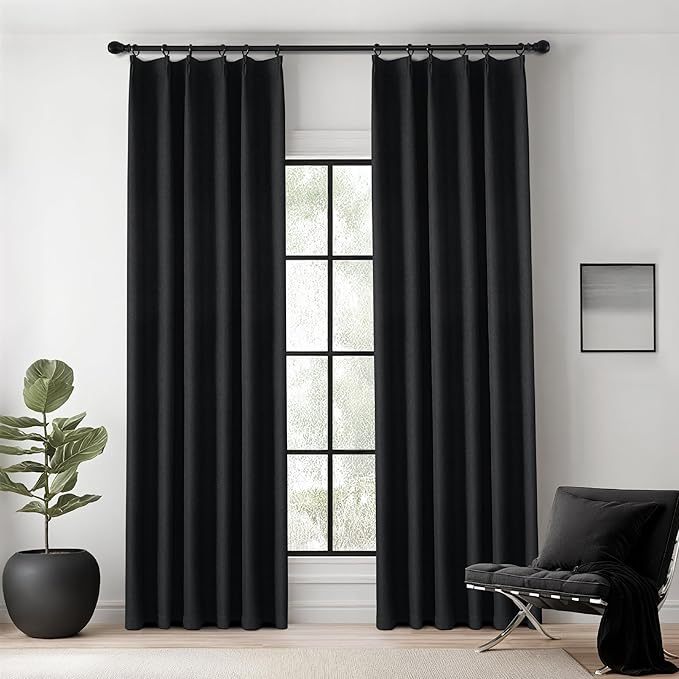 KangBang Black Pinch Pleated Curtains Blackout 84 Inch Length 2 Panels Set, Thermal Insulated Pleated Drapes with Hooks for Bedroom Living Room, Elegant Modern Window Panels, Black, 40Wx84L